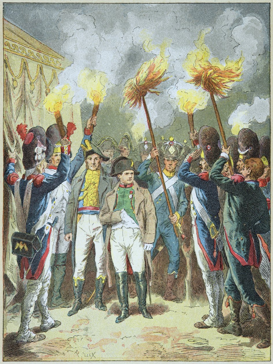 O Imperador Napolon I aclamado pelos seus grunhidos na véspera da Batalha de Austerlitz em 1805. de Frederic Theodore Lix