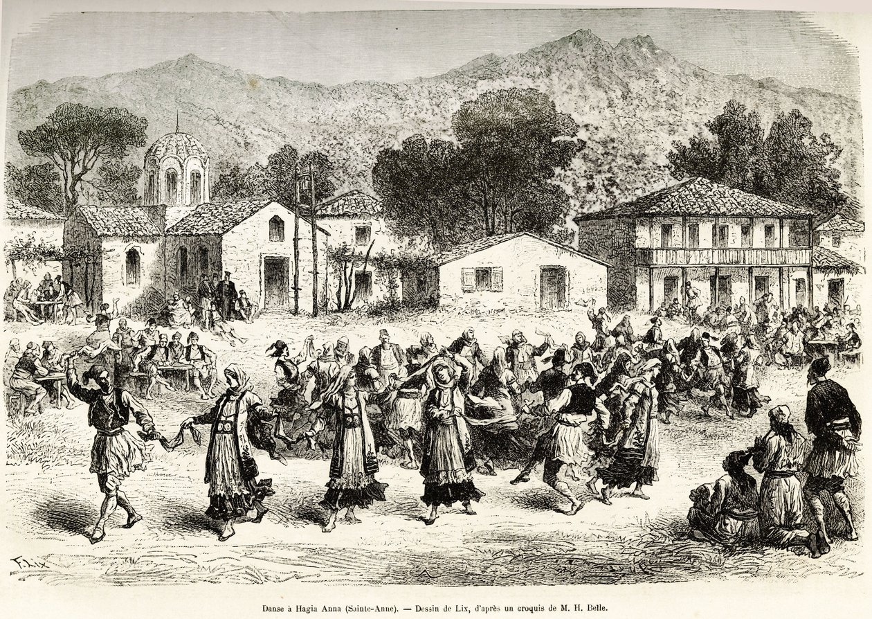 Dança folclórica na praça da aldeia Haggia Anna (St. Anne). Gravura após o desenho de Lix, para ilustrar a viagem na Grécia, de Henri Belle, em 1861-1868-1874, publicado em "Le tour du monde" 1876, editado por Edouard Charton, edição Hachette, Paris de Frederic Theodore Lix