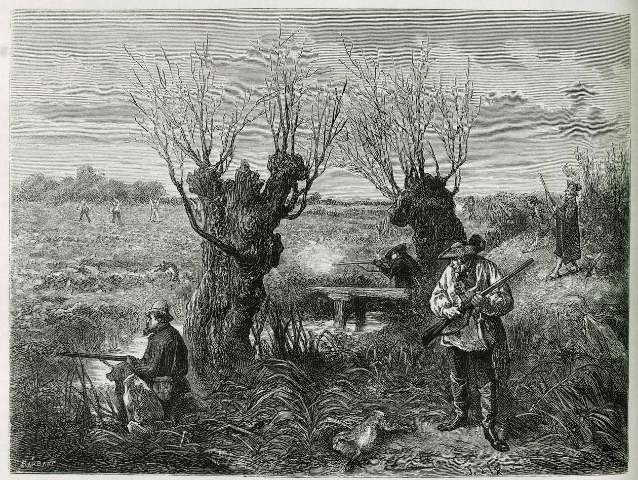 Caça à lebre. Gravura de F.Lix, para ilustrar a história “Through Alsace and Lorraine” ”, em 1884, por Charles Grad de Frederic Theodore Lix