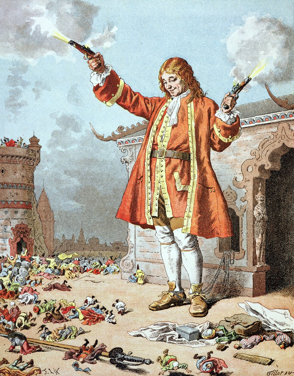 "Todos caíram para trás, como se tivessem sido atingidos pelo trovão", ilustração de "The Travels of Gulliver", de Jonathan Swift (1667-1745). de Frederic Theodore Lix
