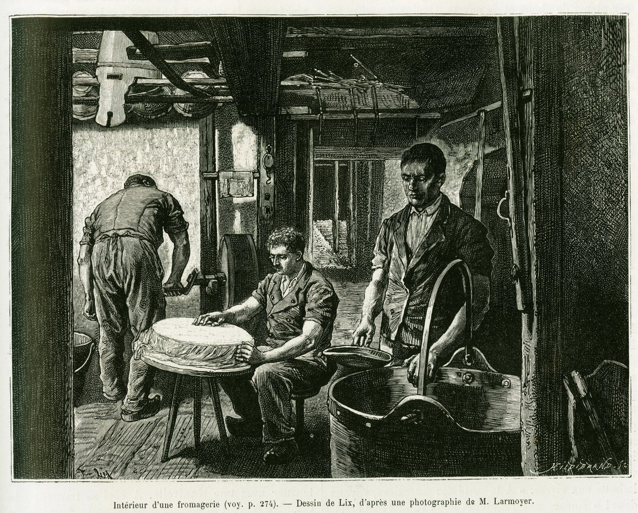 Dentro de uma fábrica de queijo. Gravura de Lix, para ilustrar a história A Through Alsace and Lorraine, de Charles Grad, deputado alemão, em 1885, no tour du monde 1887, sob a direção de Edouard Charton (1807-1890), Hachette, Paris. de Frederic Theodore Lix