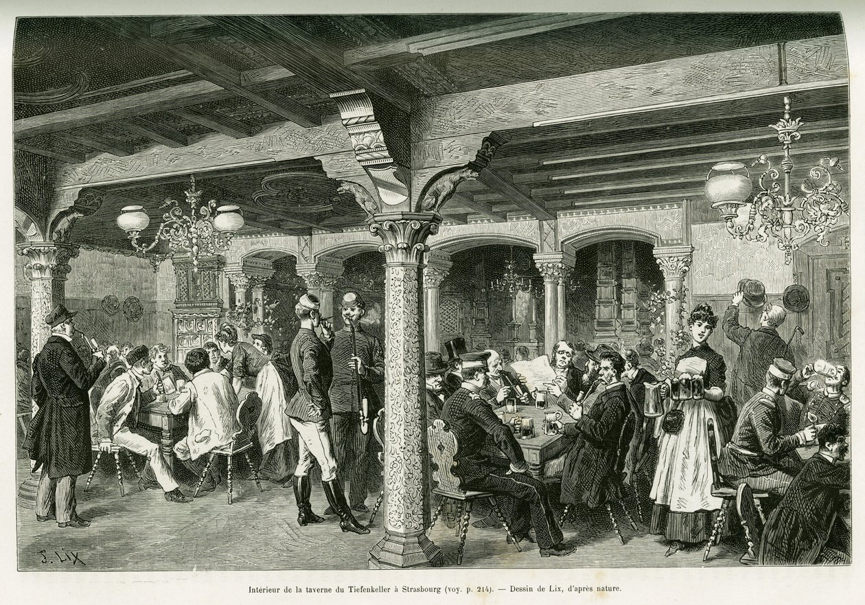 Interior da taverna Tiefenkeller em Estrasburgo. Gravura de Lix, para ilustrar a história A Through Alsace and Lorraine, em 1887, de Charles Grad, deputado alemão, no tour du monde 1888, dirigido por Edouard Charton (1807-1890), Hachette, Paris. de Frederic Theodore Lix