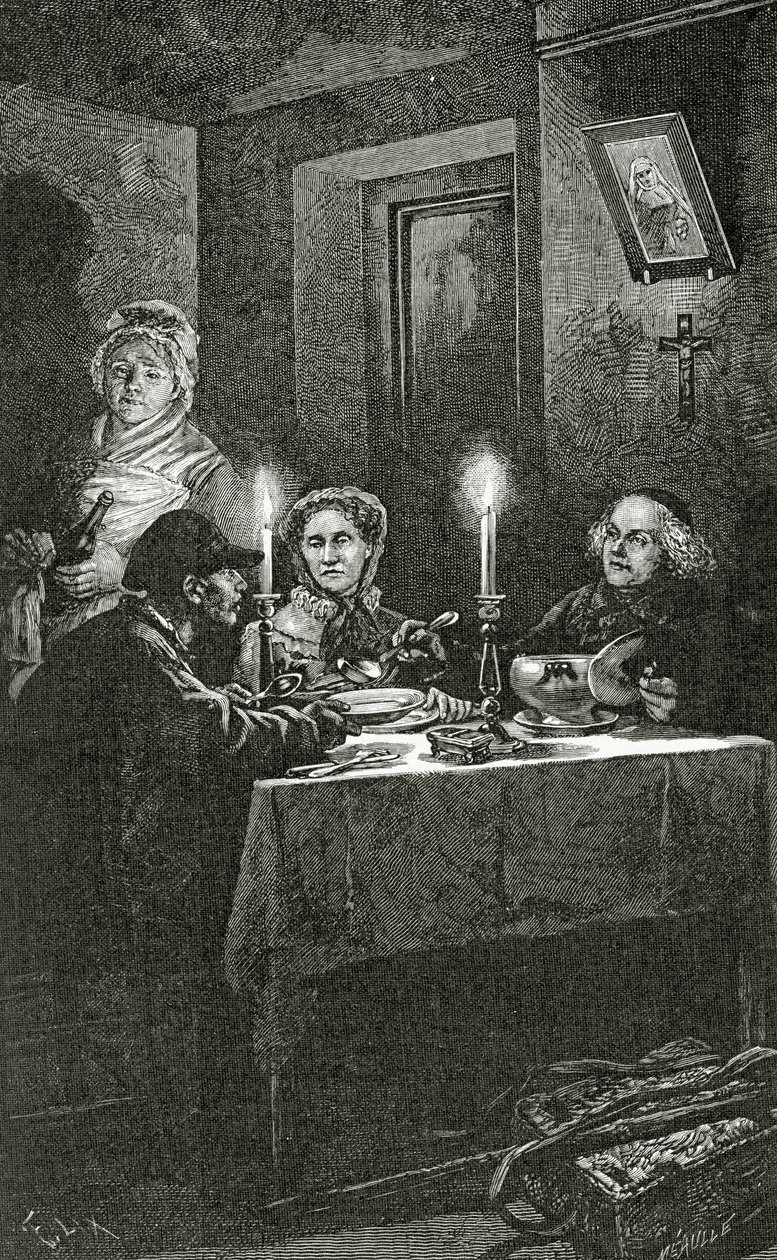 Jean Valjean é recebido e cuidado pelo Bispo Myriel, século XIX (gravura bw) de Frederic Theodore Lix