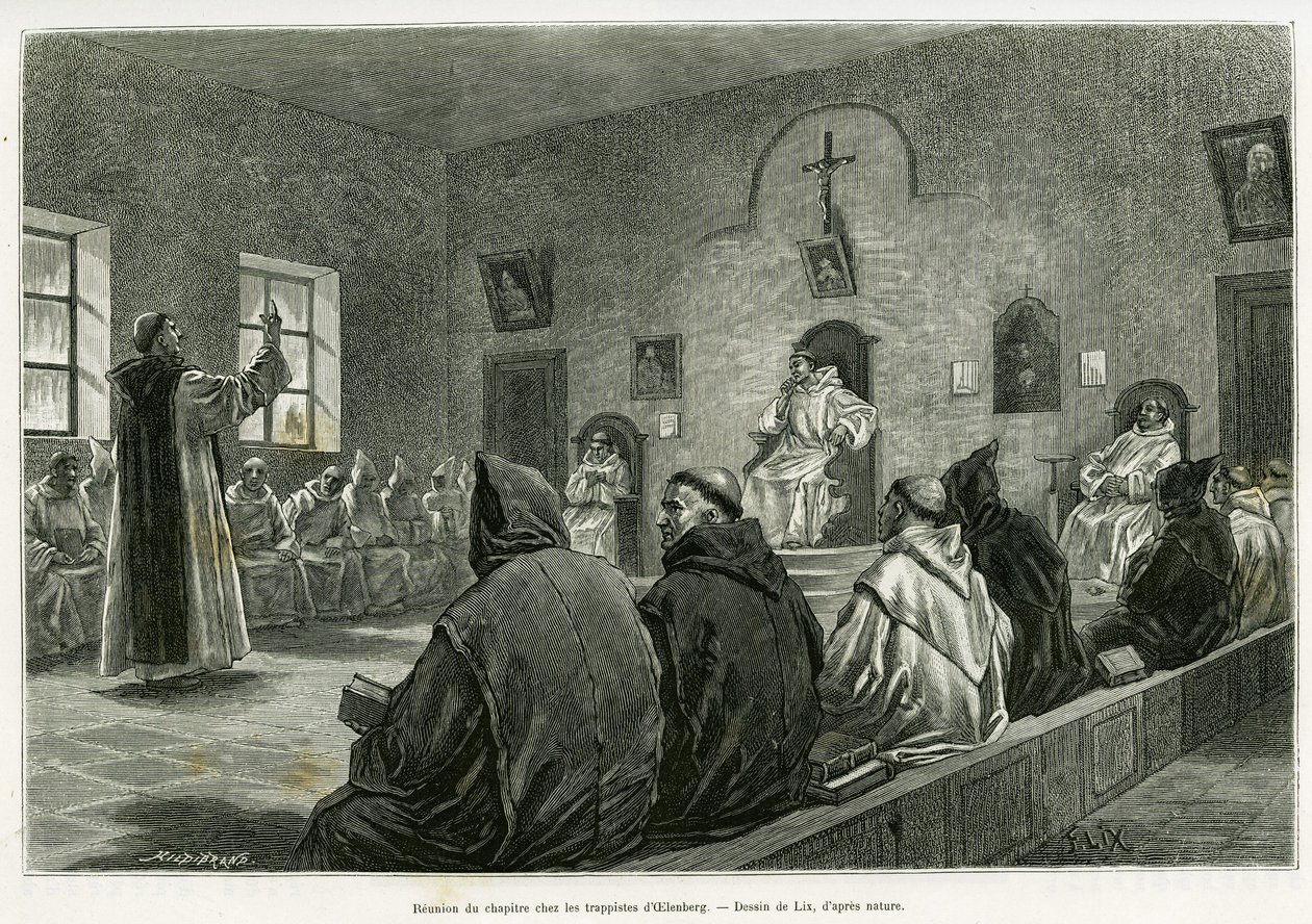 Reunião do capítulo entre os Trapistas de Oelenberg. Gravura de Lix para ilustrar a história A travers l