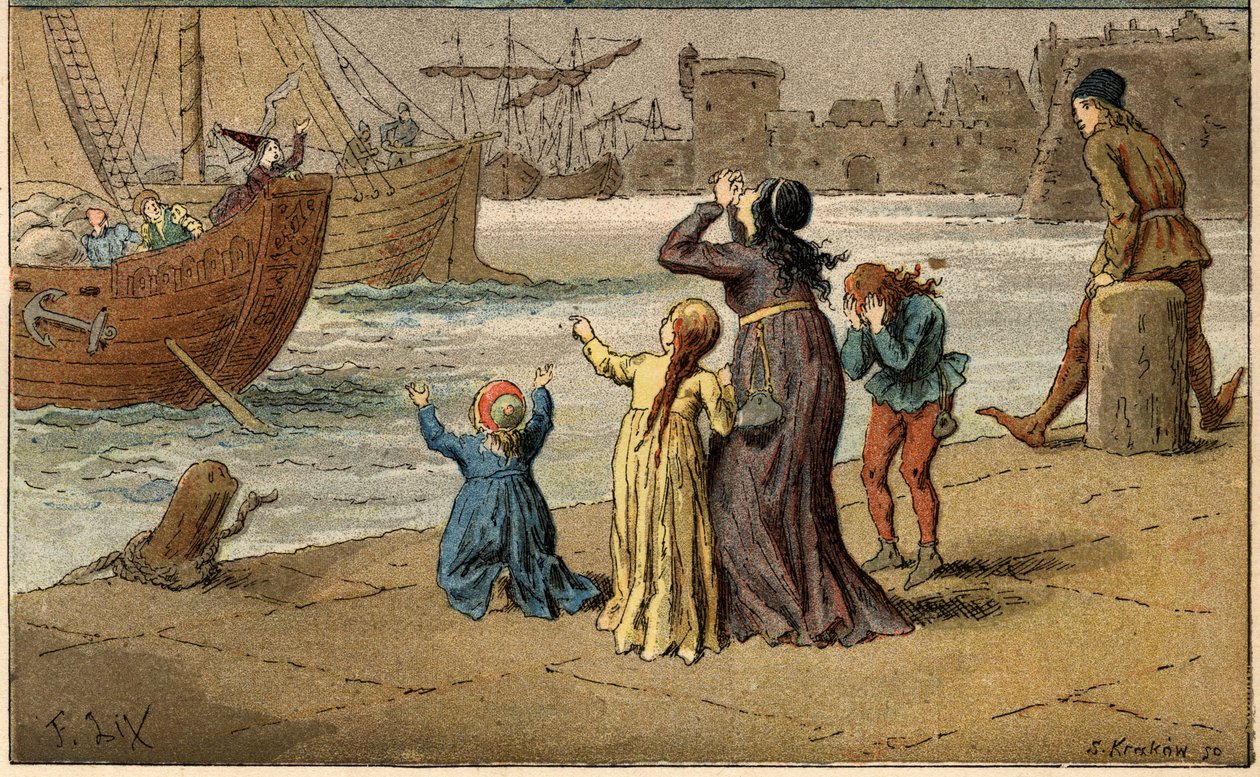 Canção popular: "A Nantes est arrive". As crianças choram o seu mar, levadas por um marinheiro. Ilustração (detalhe) de Frederic Theodore Lix (1830-1897) em "Chansons et rounds enfantines des provinces de la France". de Frederic Theodore Lix