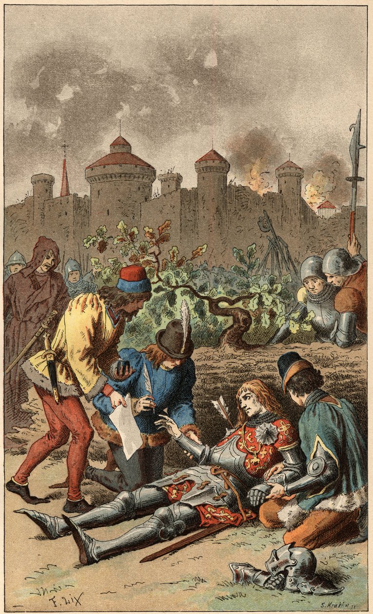 Canção popular: "Era o Grão-Duque do Maine". Morte do Duque do Maine, perfurado por uma flecha. Ilustração de Frederic Theodore Lix (1830-1897) em "Chansons et rounds enfantines des provinces de la France". de Frederic Theodore Lix