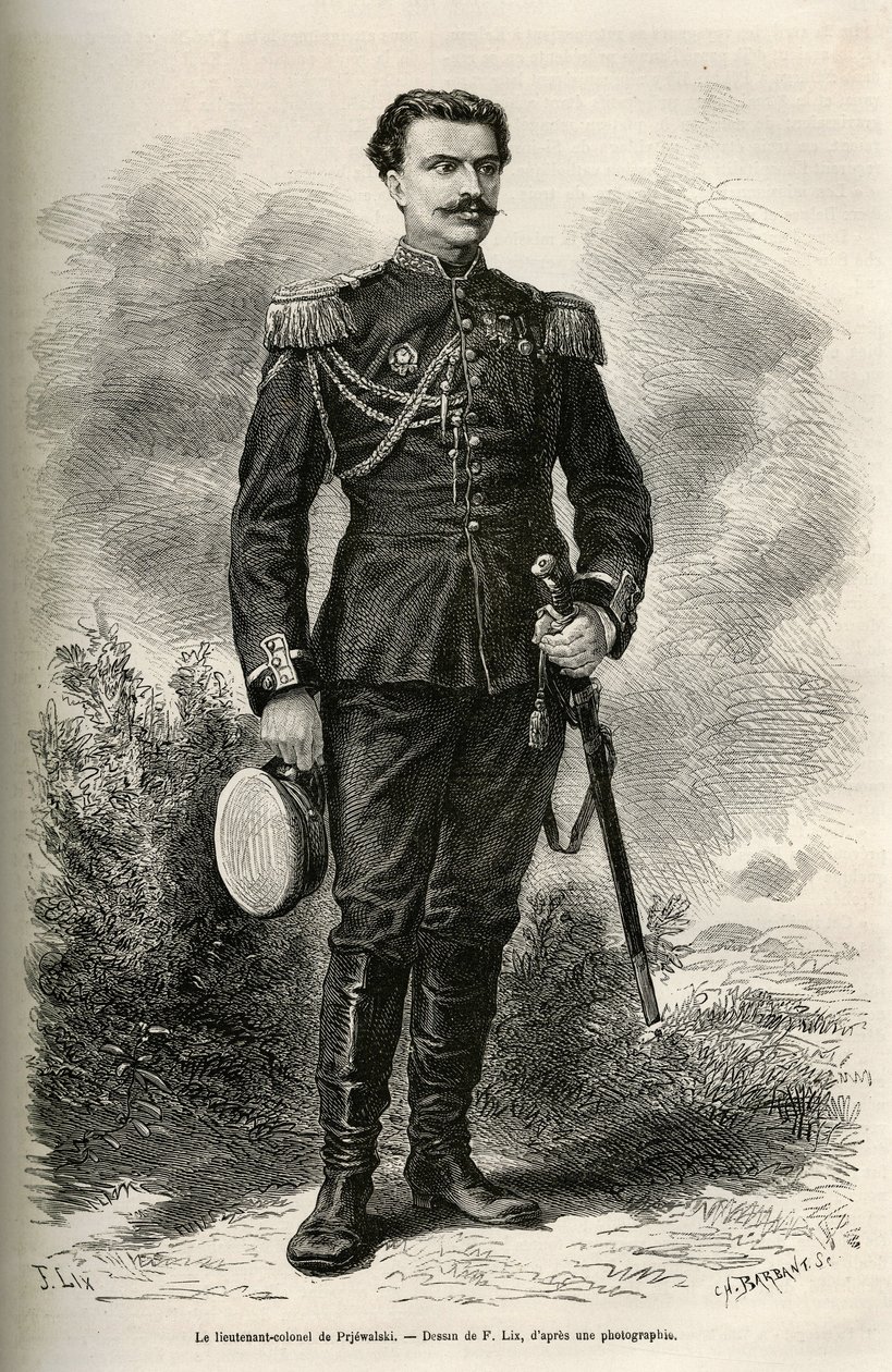 Retrato do viajante e narrador Tenente Coronel de Prjewalski, desenho de F.Lix para ilustrar a viagem à Mongólia e à terra dos Tangutes de 1870 a 1873, do Tenente Coronel de Prjewalski. Gravura em Le tour du monde de Frederic Theodore Lix