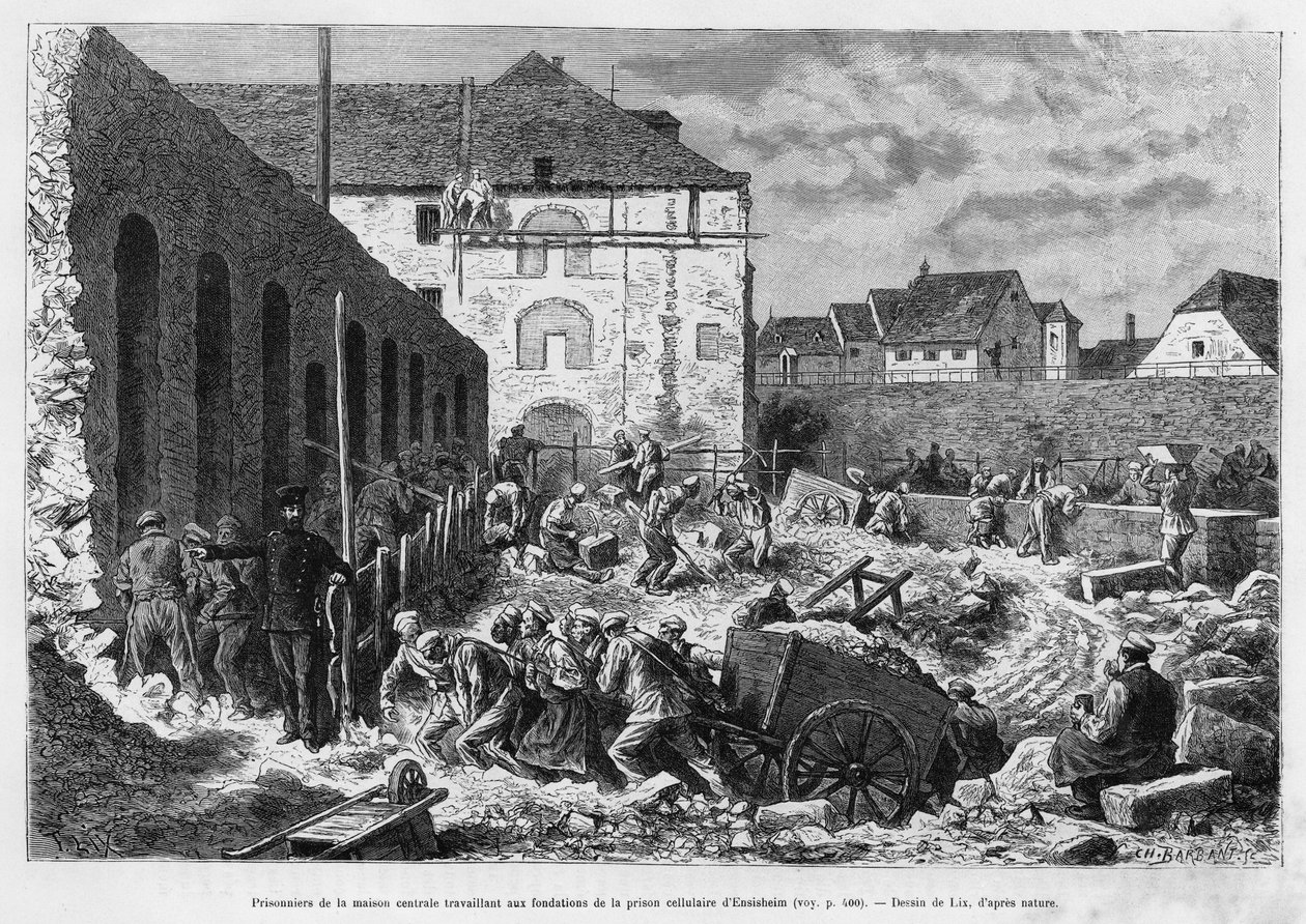 Prisioneiros da casa central trabalhando nas fundações da prisão da cela de Ensisheim. Gravura de Lix para ilustrar a história A travers l