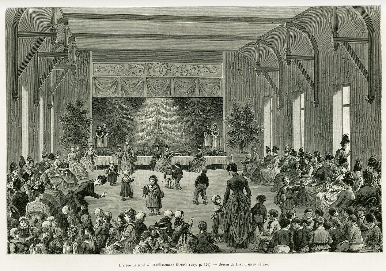 A árvore de Natal no estabelecimento Dietsch. Gravura de Lix, para ilustrar a história A Through Alsace and Lorraine, em 1887, de Charles Grad, deputado alemão, no tour du monde 1888, dirigido por Edouard Charton (1807-1890), Hachette, Paris. de Frederic Theodore Lix