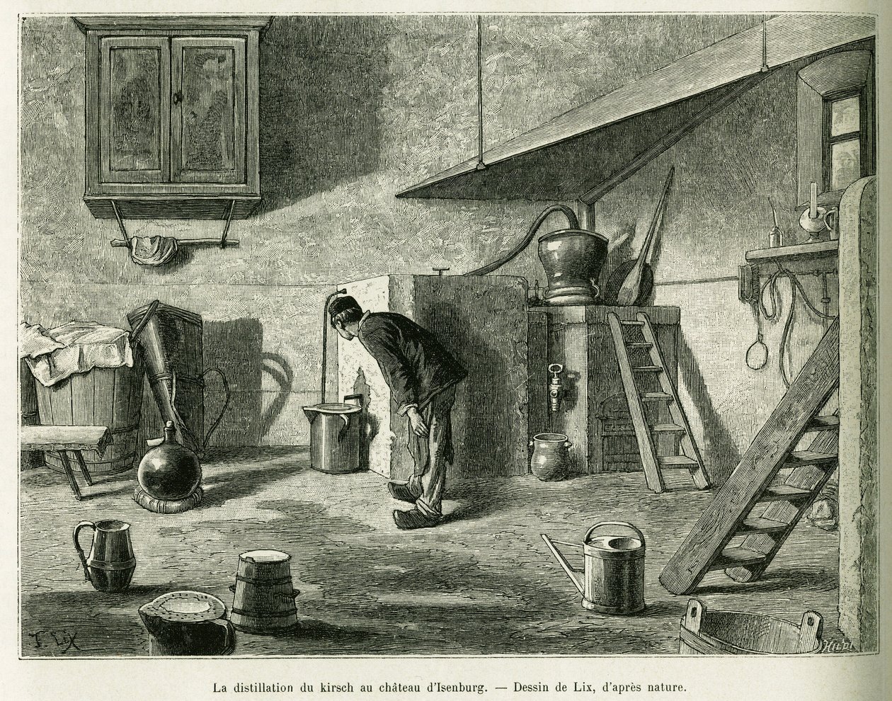 A destilação do kirsch no castelo de Isenburg. Gravura de Lix, para ilustrar a história A Through Alsace and Lorraine, em 1887, de Charles Grad, deputado alemão, no tour du monde 1888, dirigido por Edouard Charton (1807-1890), Hachette, Paris. de Frederic Theodore Lix