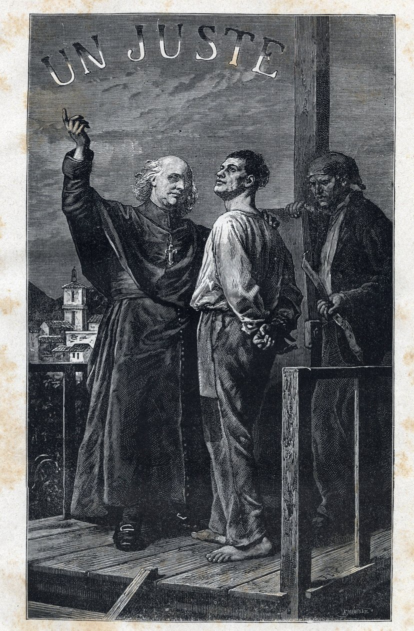 A eveque Myriel acompanha uma sentença de morte que sobe no cadafalso - Ilustração de Frederic Theodore Lix (1830-1897) para "The Miserables - First Part": Fantine" de Victor Hugo (1802-1885) 1862 de Frederic Theodore Lix