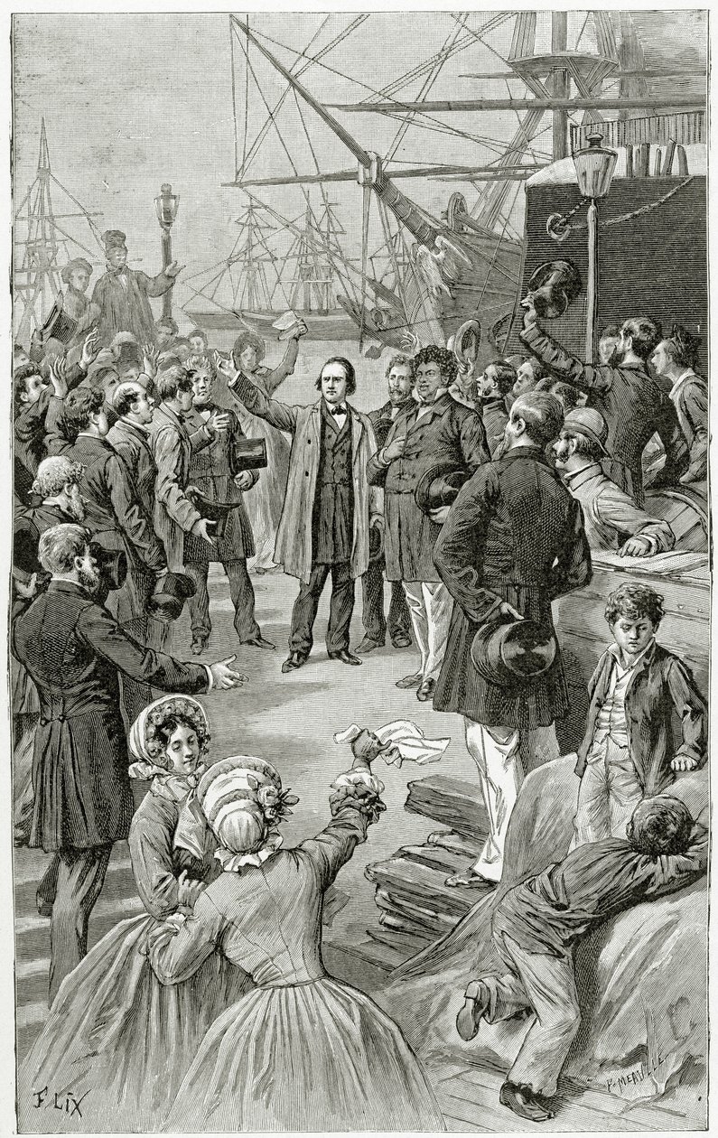 Victor Hugo saúda uma república universal durante um discurso no exílio em 1 de agosto de 1852, século XIX (gravura de bw) de Frederic Theodore Lix