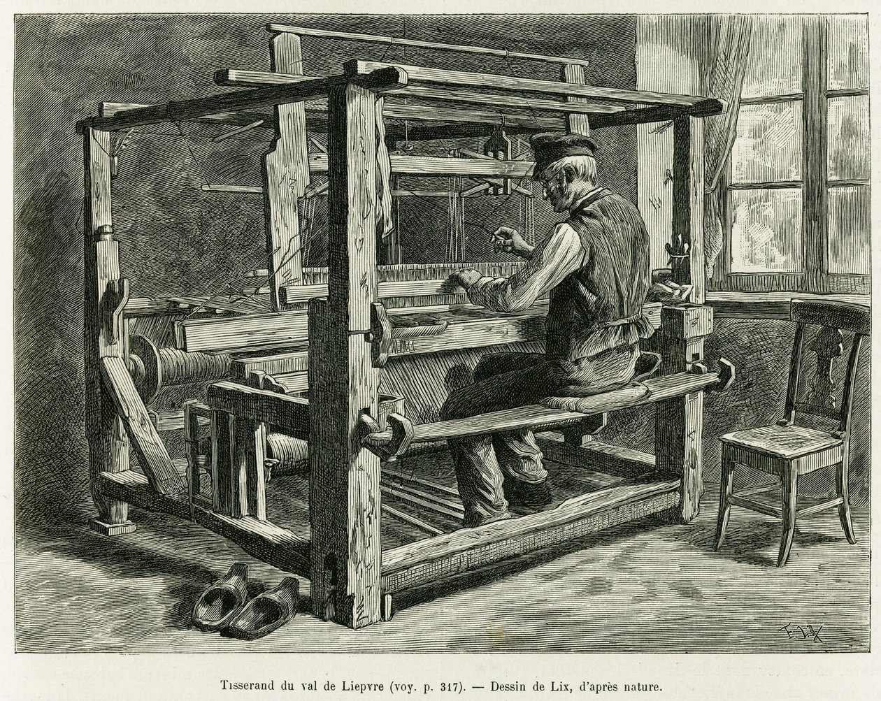 Weaver of the Liepvre Valley. Gravura de Lix, para ilustrar a história A Through Alsace and Lorraine, em 1887, de Charles Grad, deputado alemão, no tour du monde 1888, dirigido por Edouard Charton (1807-1890), Hachette, Paris. de Frederic Theodore Lix
