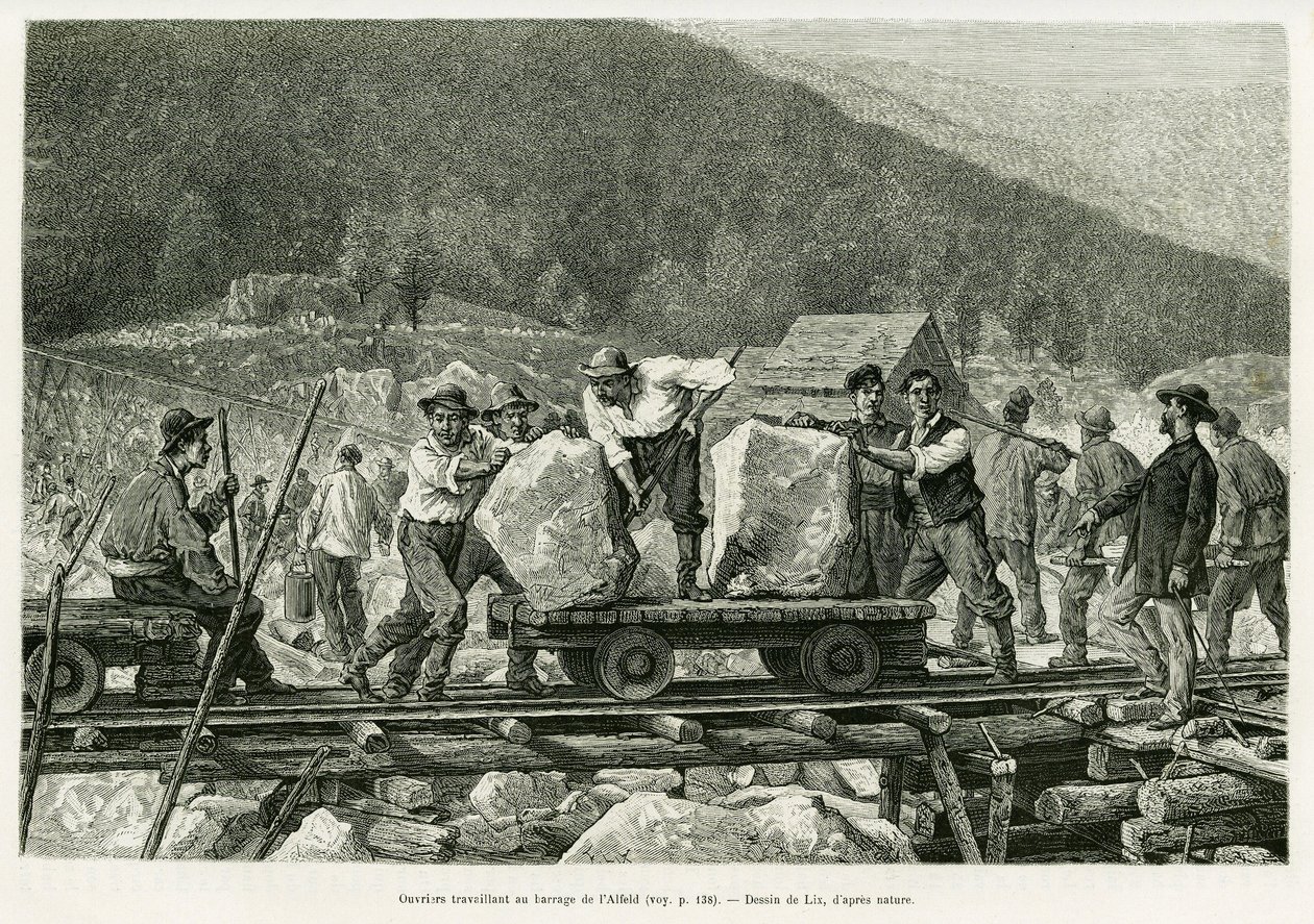 Trabalhadores que trabalham na barragem de Alfeld. Gravura de Lix para ilustrar a história A travers l
