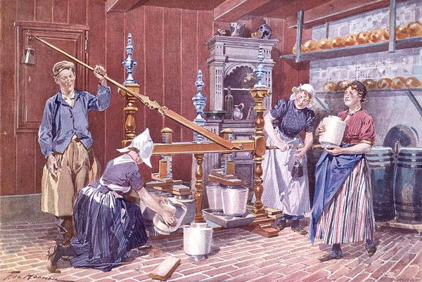 Produção de queijo na Holanda, c.1900 (cor litho) de Frederic de Haenen