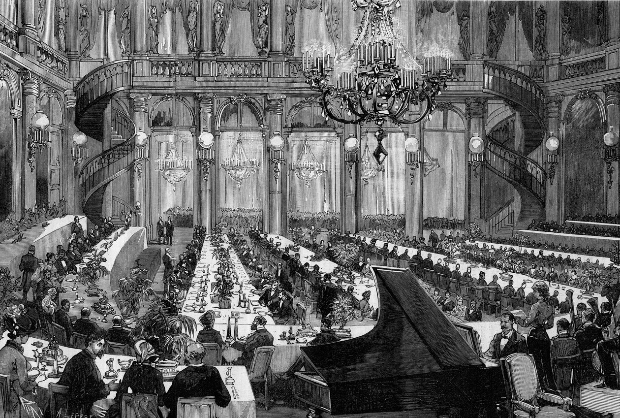 Jantar concerto no salão de festas do Grand Hotel de Paris. Gravura de De Haenen em "The Illustrous World" n°1250 de 12 de Março de 1881. de Frederic de Haenen
