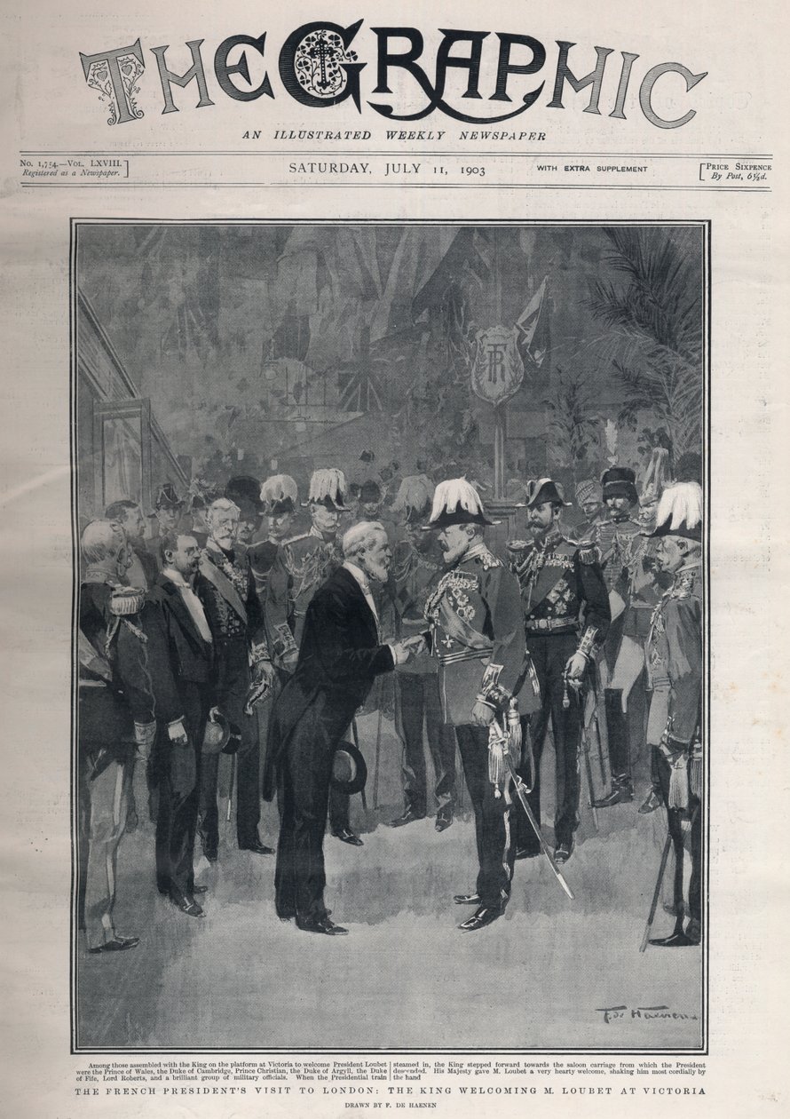 Entente cordiale: o presidente francês Emile Loubets visita a Londres. Rei Eduardo VII recebe o Sr. Loubet na Estação Victoria. de Frederic de Haenen