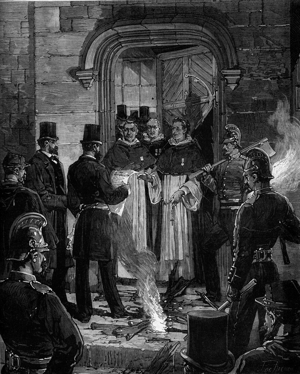 Expulsão dos dominicanos da Rue de Jean de Beauvais em Paris, na sequência dos decretos de Março de 1880 tomados por Jules Ferry e da supressão do direito de ensinar os membros das congregações religiosas não autorizadas: leitura do acto de notificação dos de Frederic de Haenen