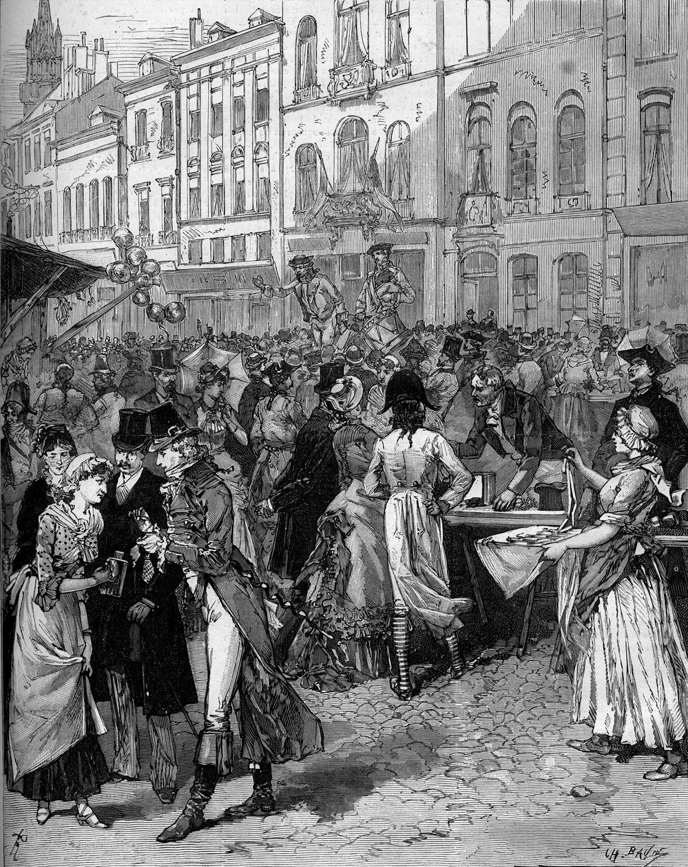 Comemoração histórica da comemoração do cerco de Lille em 1792: a Braderie Watteau (grande feira) nas ruas da cidade com os habitantes da moda do século XVIII. Gravura de De Haenen no "Le Monde Illustré" n°1334 de 21 Octo de Frederic de Haenen