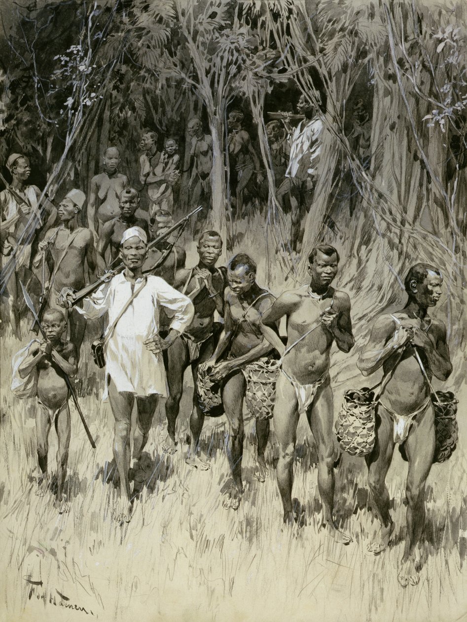 &39;Como o homem branco comercializa no estado do Congo: trazendo borracha e reféns&39; (lavagens monocromáticas no cartão) de Frederic de Haenen