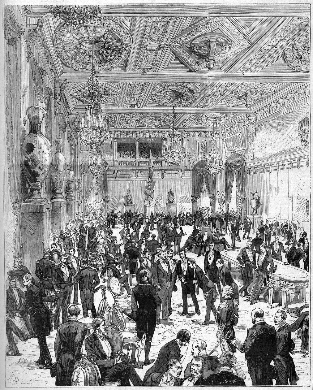 Inauguração do Hotel de Ville de Paris a 14 de Julho de 1882, reconstruído após o incêndio de 1871: vista da sala da Câmara Municipal à chegada do Presidente Jules Grevy (1807-1891). Gravura de De Haenen e Dosso em "O Mundo Ilustrado" n°1321 de 22 de julho de Frederic de Haenen