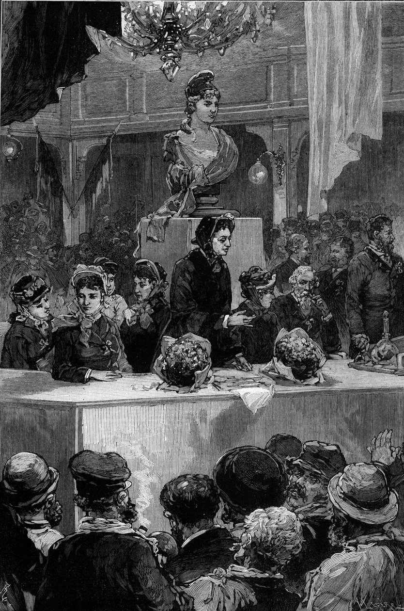 Palestra de Louise Michel (1830-1905), Sala Graffard em Paris, 30 de Novembro de 1880. Gravura de de Haenen em "The Illustrous World" n°1237 de 11 de dezembro de 1880. de Frederic de Haenen