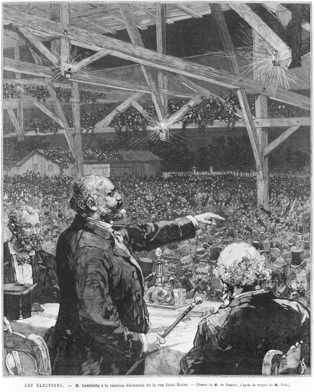 Leon Gambetta no encontro eleitoral da rue Sainte-Blaise, c.1879 de Frederic de Haenen