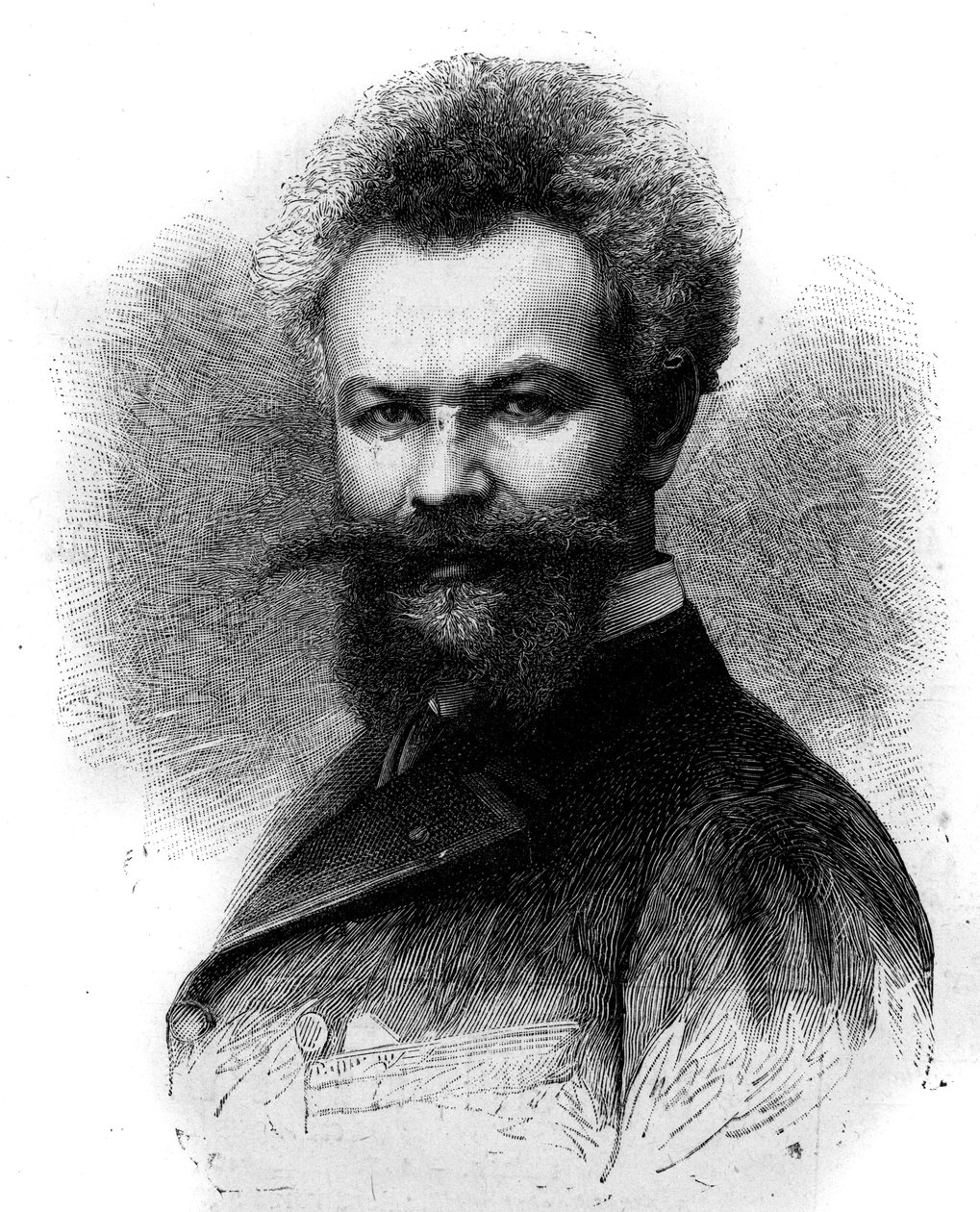 Retrato de Mihaly Munkacsy (1844-1900), pintor húngaro. Gravura em "Le Monde Illustré" n°1306 de 8 de Abril de 1882. de Frederic de Haenen
