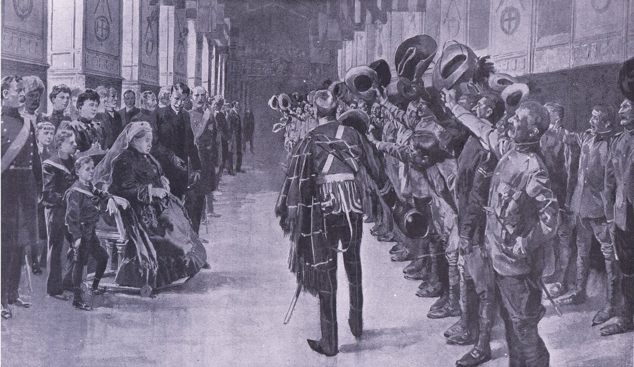 A Rainha Victoria inspecionando Colônias inválidas em St Georges Hall, Windsor, ilustração deApós Pretória: A Guerra da Guerrilha, 1902 de Frederic de Haenen