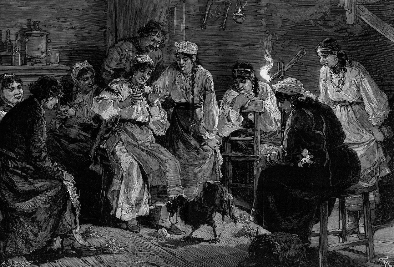 Costume russo: o horóscopo do galo. Na noite de Ano Novo, as meninas que se casam põem comida a seus pés. Aquele cujo galo escolhe a isca primeiro vai se casar no ano. Gravura de De Haenen em "O Mundo Ilustrado" n°1241 de 8 de Janeiro de 188 de Frederic de Haenen