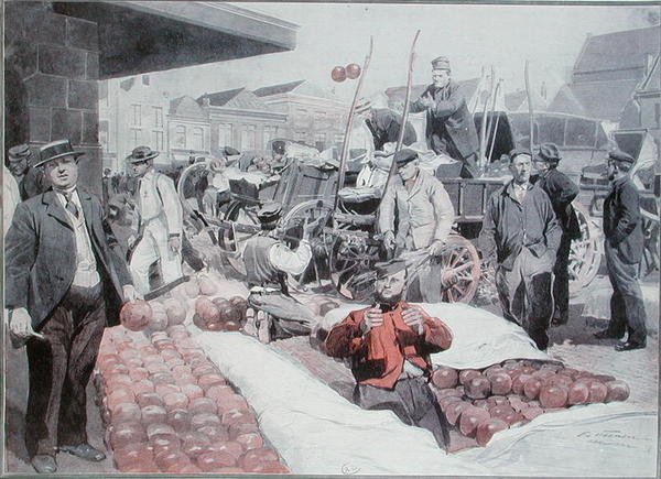 O Mercado do Queijo em Alkmaar, c.1910 (cor litho) de Frederic de Haenen