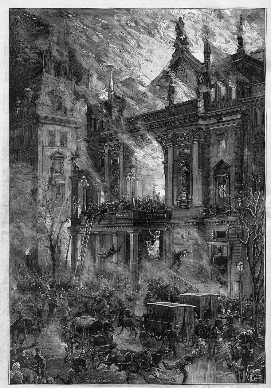 O incêndio do Teatro de Ópera Wiener em Viena (Áustria) a 5 de Dezembro de 1881. Gravura de De Haenen no "Le Monde Illustré" n°1291 de 24 de Dezembro de 1881. de Frederic de Haenen