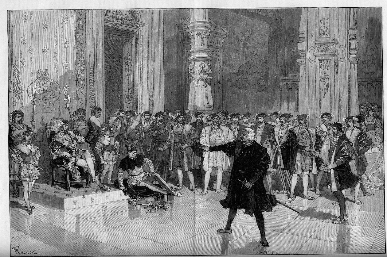 Representação teatral: "O Rei diverte-se" de Victor Hugo (1808-1883). Acto I cena 5: um quarto no Louvre, a maldição. M. de Saint Vallier (Saint-Vallier) perante o Rei François I (Mounet Sully (ou Mounet Sully) 1841-1916) e o Bobo Triboulet (Edmond de Frederic de Haenen
