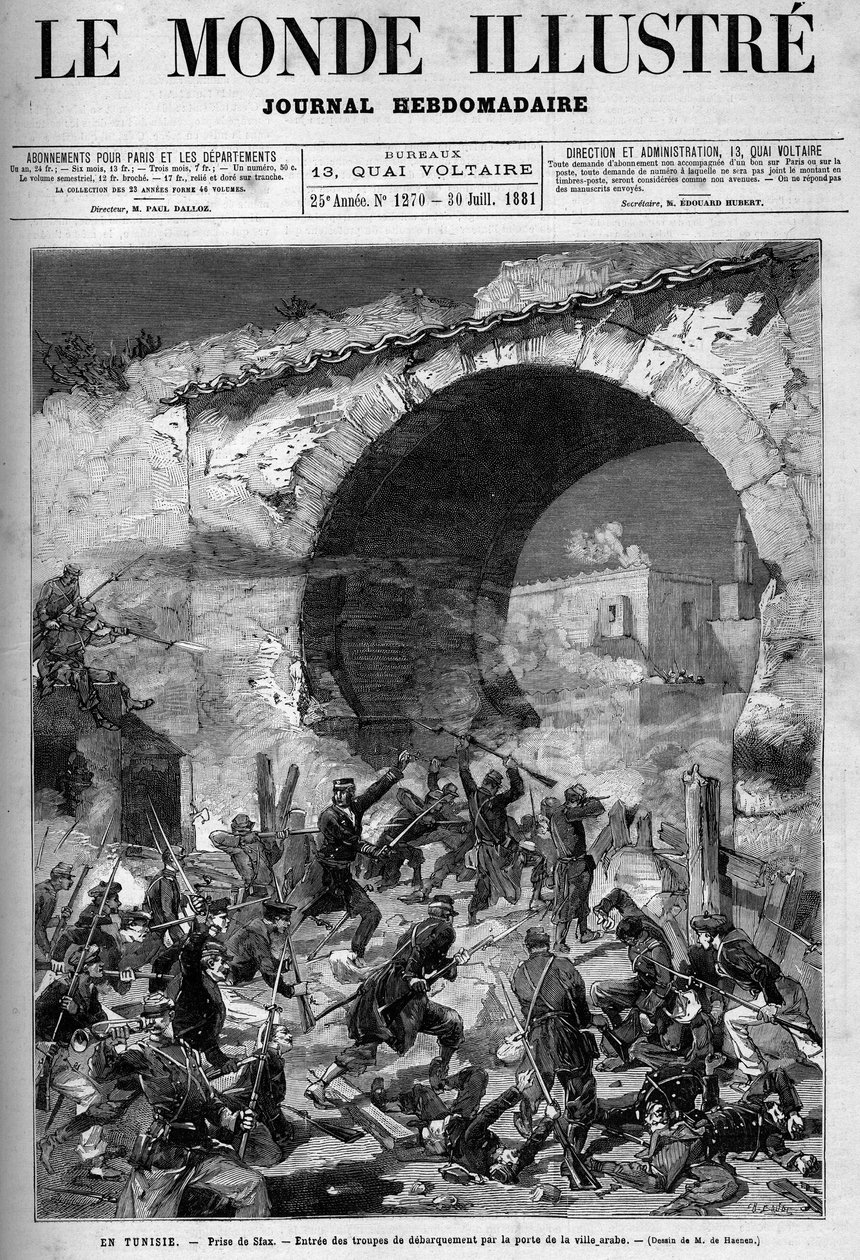 Tunísia, Julho de 1881: As tropas francesas tomaram a cidade de Stax após a revolta dos habitantes contra o protetorado francês da Tunísia. Gravado por De Haenen. Um de "O Mundo Ilustrado" No. 1270 de 30 de julho de Frederic de Haenen