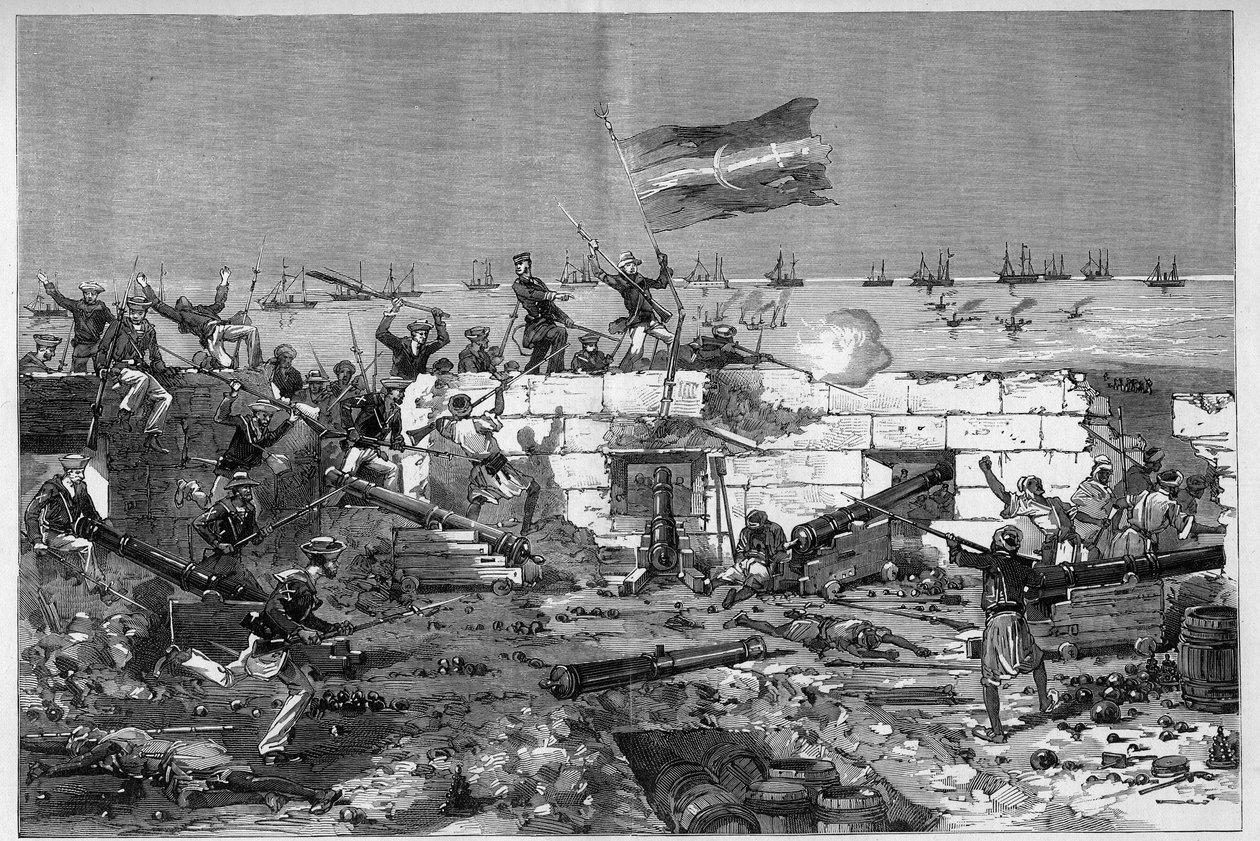 Tunísia, Julho de 1881: As tropas francesas tomaram a cidade de Stax após a revolta dos habitantes contra o protetorado francês da Tunísia. As espingardas dos fuzileiros navais retiraram a bateria circular. Gravura de De Haenen em "O Mundo Ilustrado" n°127 de Frederic de Haenen