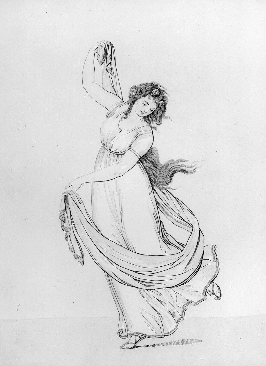 A Musa da Dança, Placa VI das Atitudes de Lady Hamilton: Desenhos fielmente copiados da natureza, publicado por SWFores, 1802 (gravura sobre papel azul) (ver 137928) de Frederich Rehberg