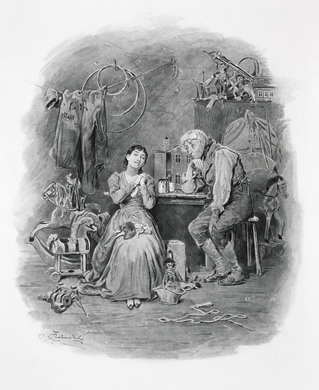 Caleb Plummer e sua filha cega, de "Charles Dickens: Uma fofoca sobre sua vida", de Thomas Archer, publicado em 1894 de Frederick Barnard