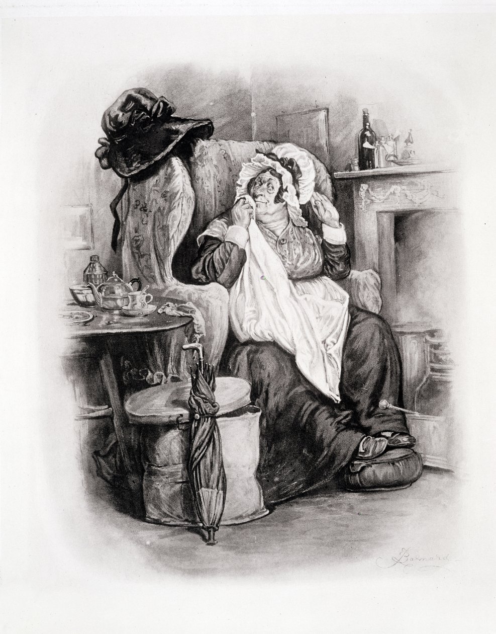Sra. Gamp, de "Charles Dickens: Uma fofoca sobre sua vida", de Thomas Archer, publicado em 1894 de Frederick Barnard