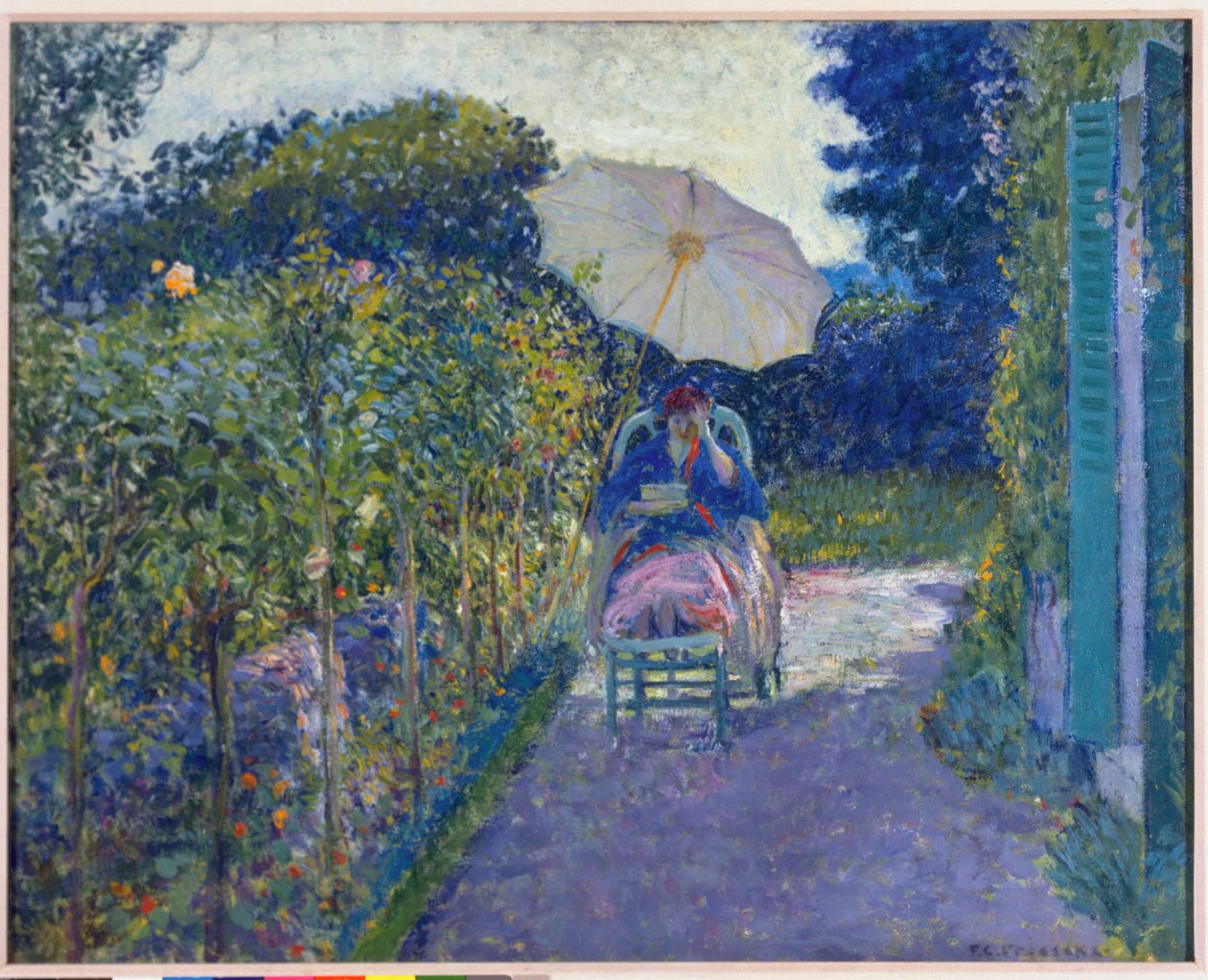 Mulher sentada em um jardim, 1914 de Frederick Carl Frieseke