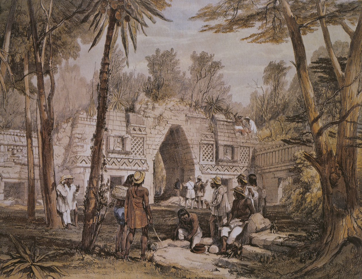 Arco, de, labna, yucatan, méxico, ilustração, de, &39;Views, de, antiga, monumentos, em, américa central, chiapas, e, yucatan&39;, publicado, londres, 1844 de Frederick Catherwood
