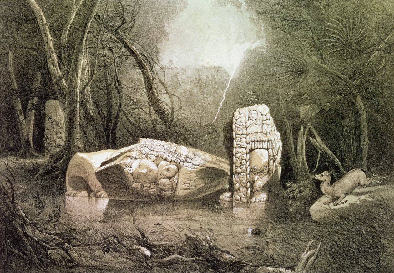 Ídolo maia quebrado em Copan, Guatemala de Frederick Catherwood