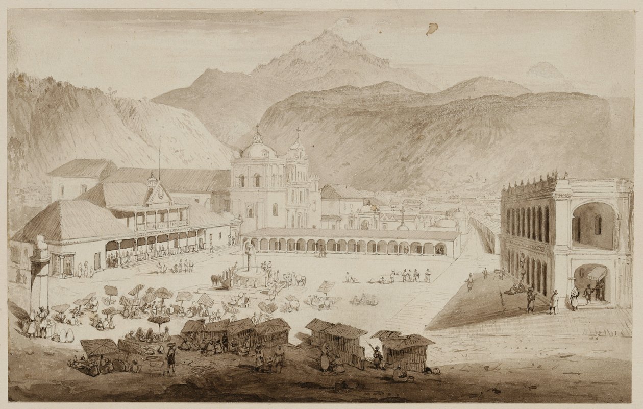 Cidade de Quezaltenango, América Central, 1840 (caneta e tinta com papel creme) de Frederick Catherwood
