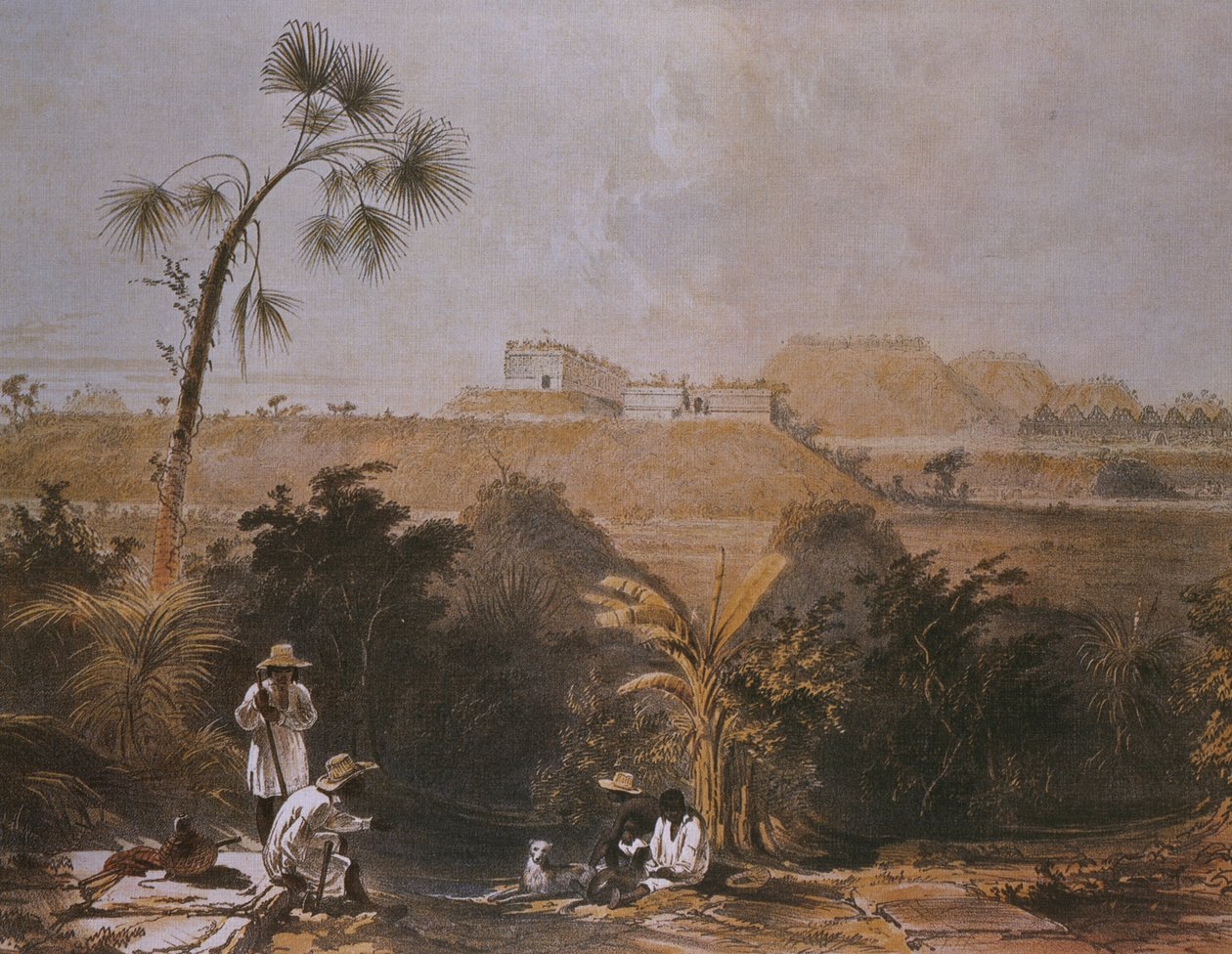 Vista panoramic, de, uxmal, yucatan, méxico, ilustração, de, &39;Views, de, antiga, monumentos, em, américa central, chiapas, e, yucatan&39;, publicado, londres, 1844 de Frederick Catherwood