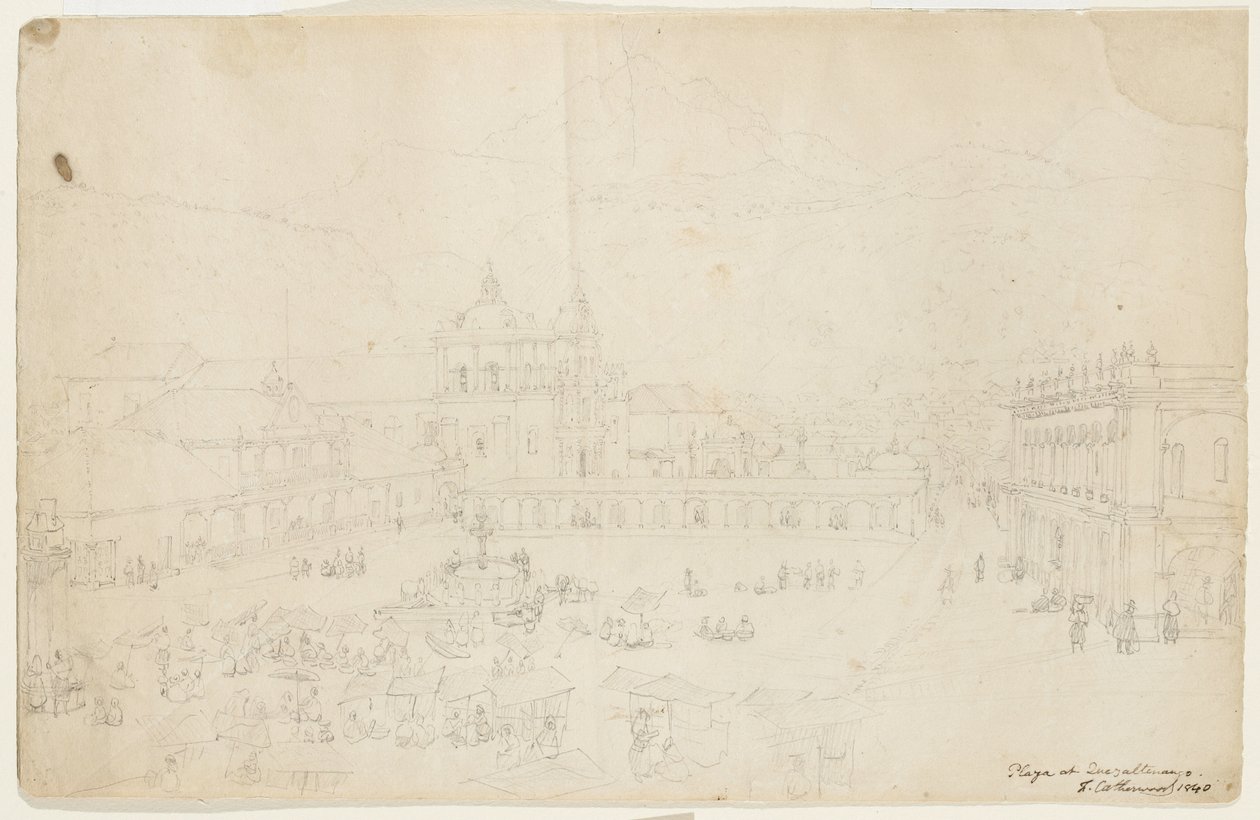 Plaza em Quezaltenango, 1840 (grafite em papel de creme) de Frederick Catherwood