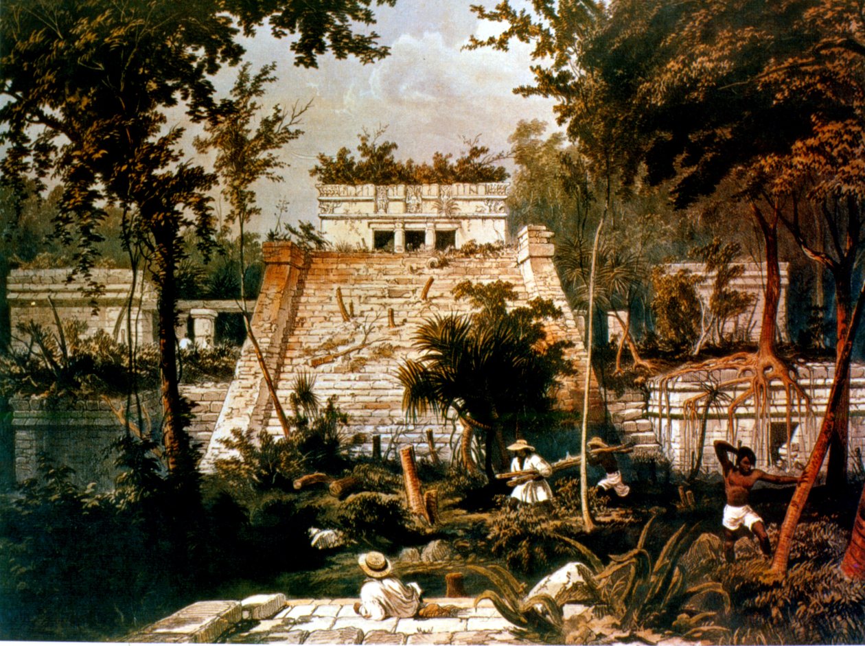 Templo e pirâmide, Tulum, Yucatan, México, 1844 (lito colorido) de Frederick Catherwood
