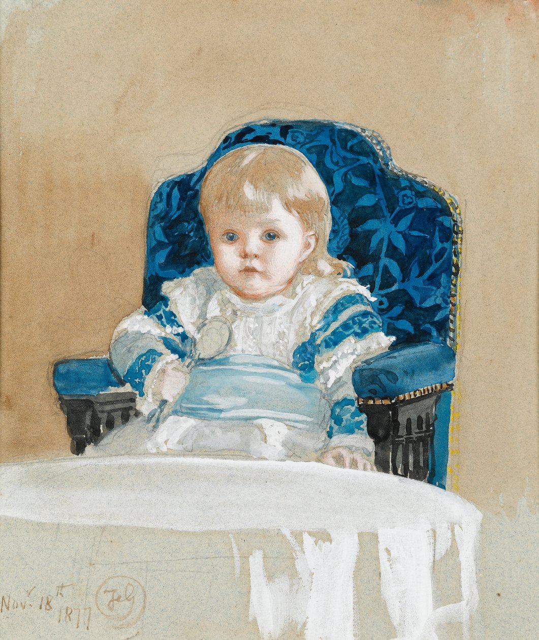 Frederica em um vestido de festa, segurando uma colher, 1877 (wc no papel) de Frederick Goodall