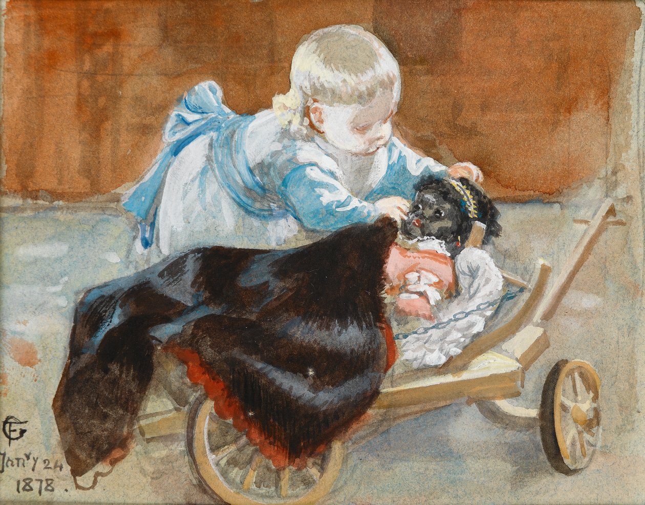 Frederica brincando com uma boneca negra, 1878 (wc no papel) de Frederick Goodall