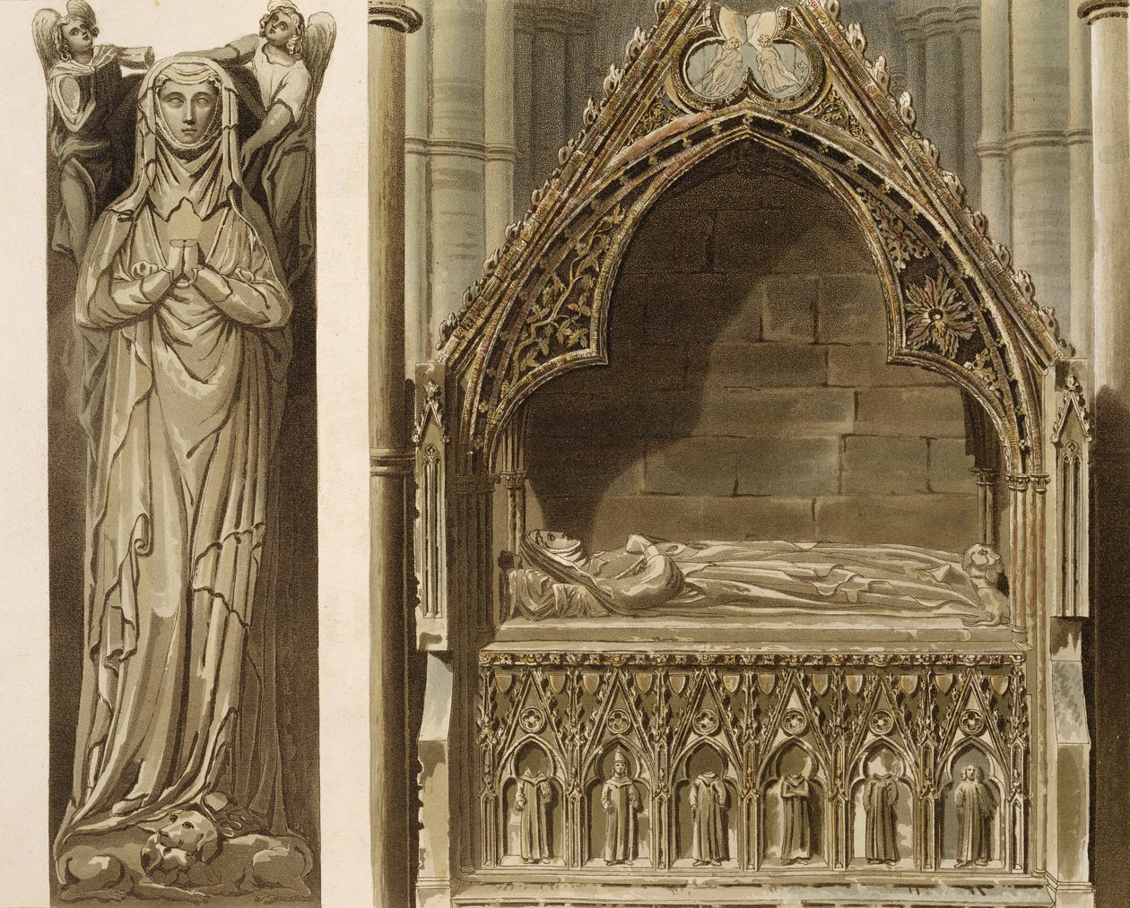 Efígie de Aveline, primeira esposa de Edmund Crouchback, conde de Lancaster, no lado norte do altar, placa G de "Westminster Abbey", gravada por J. Bluck (fl.1791-1831) pub. de Rudolph Ackermann ( de Frederick Mackenzie