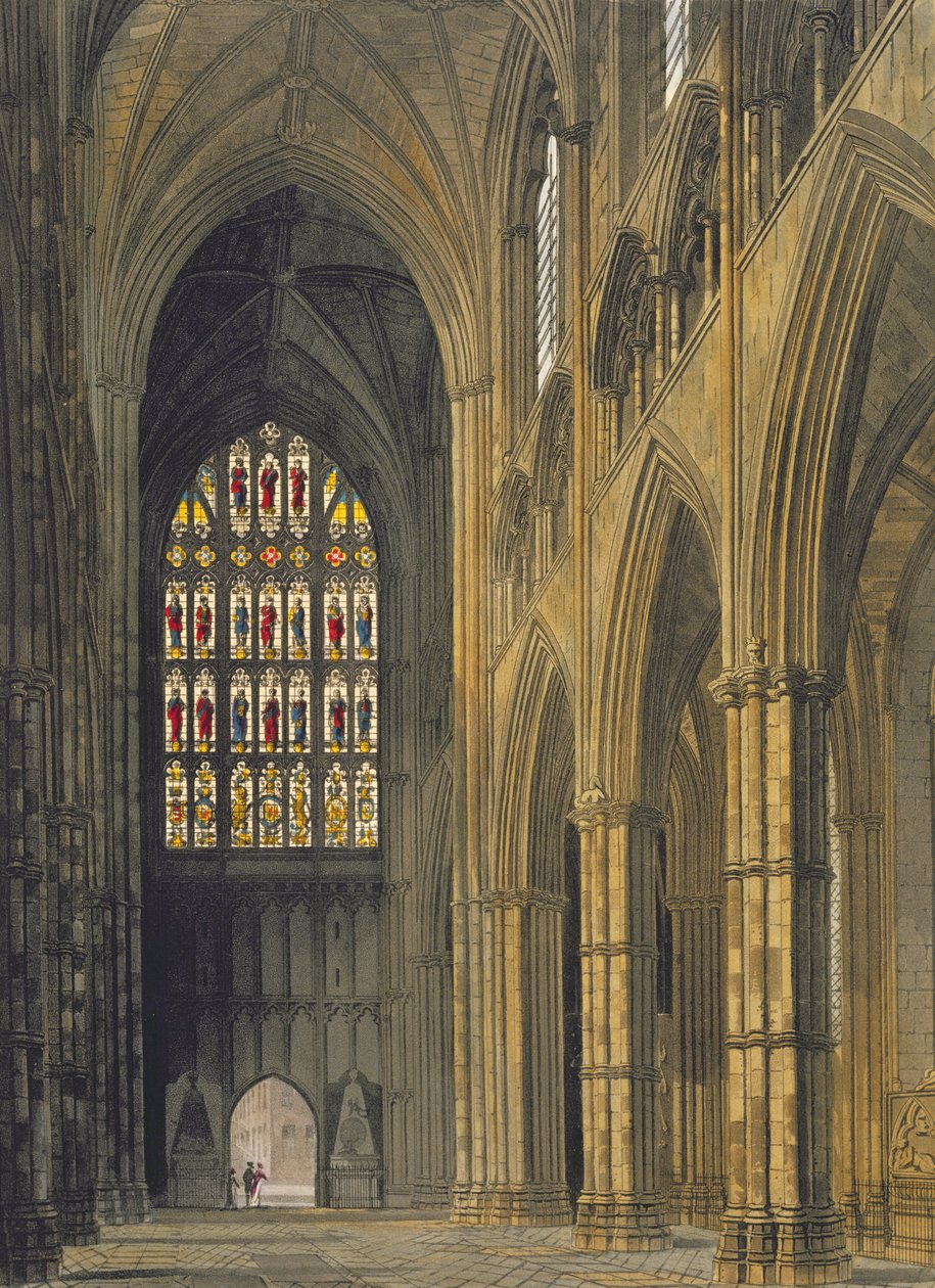 Vista interior da abadia de Westminster que olha para a entrada ocidental, placa 6 "da abadia de Westminster", gravada pelo bar de J. Bluck (fl.1791-1831). por Rudolph Ackermann (1764-1834) 1811 (aquatinta) de Frederick Mackenzie