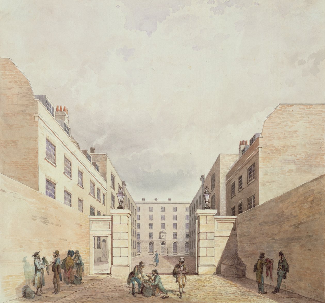 Vista dos armazéns da Companhia das Índias Orientais da Cutler Street, 1836 de Frederick Nash